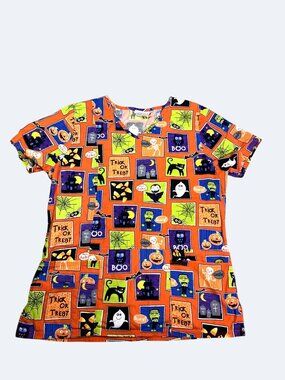 Scrubstar Halloween Themed V-Neck Scrub Top With Colorful Graphics Size M